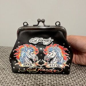 Ed Hardy Black Leather Kiss-Lock Coin Purse with Flaming Unicorns Artwork